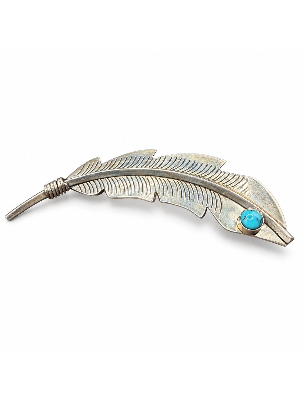 Vintage Taxco Mexico 925 Sterling Silver Turquoise Feather Brooch 11.3g